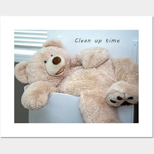 Clean up time! Large teddy bear  in a small toy box Posters and Art